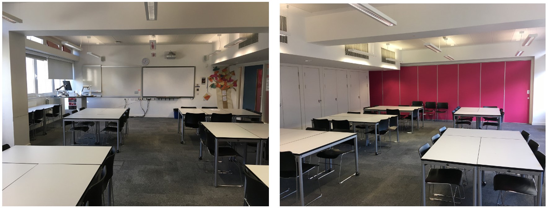 Chairs and tables in small groups around the room. The room has whiteboards fixed to the walls. The floor is carpeted.